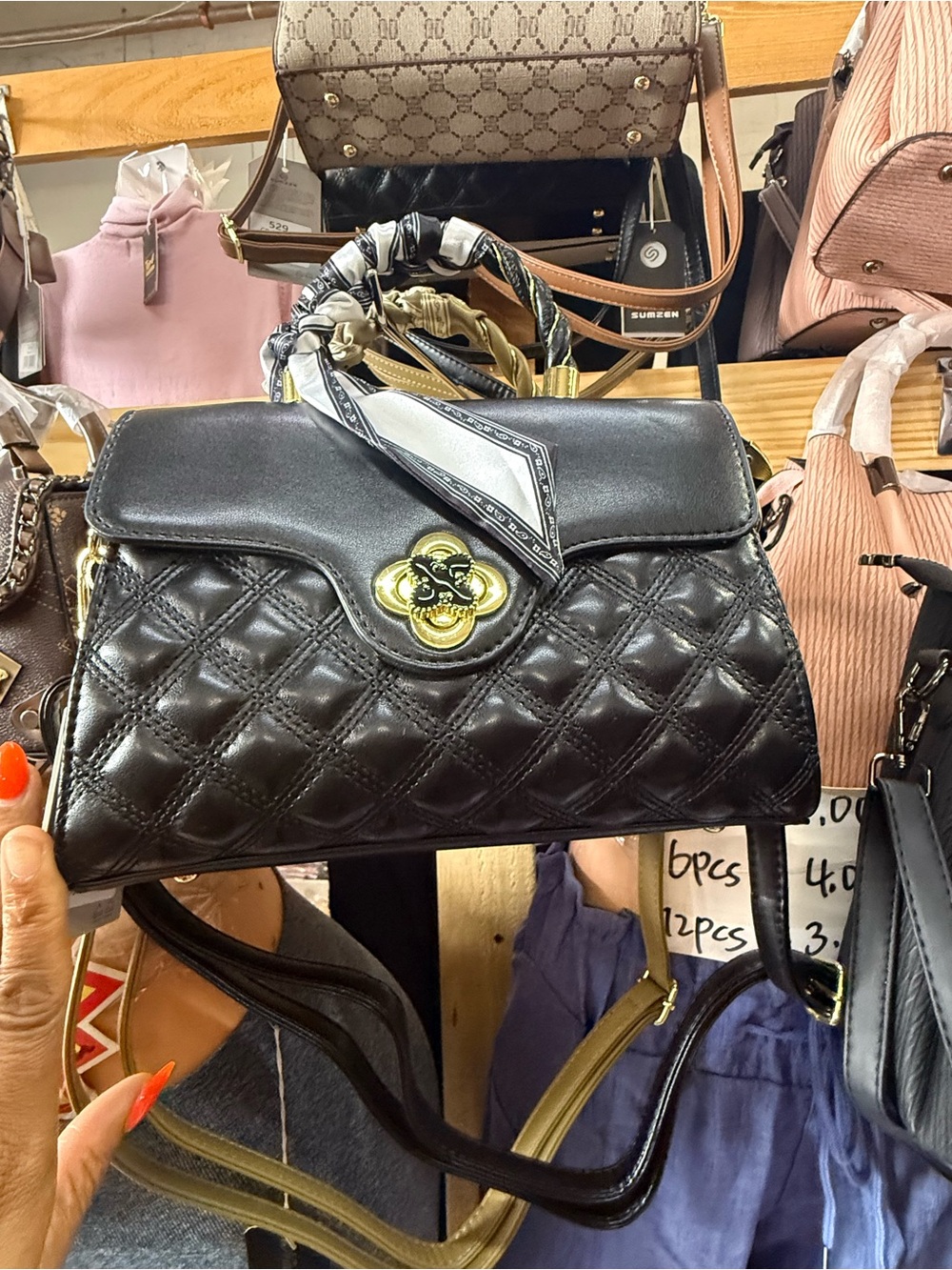 Black Quilted Top-Handle Shoulder Bag with Gold Accent